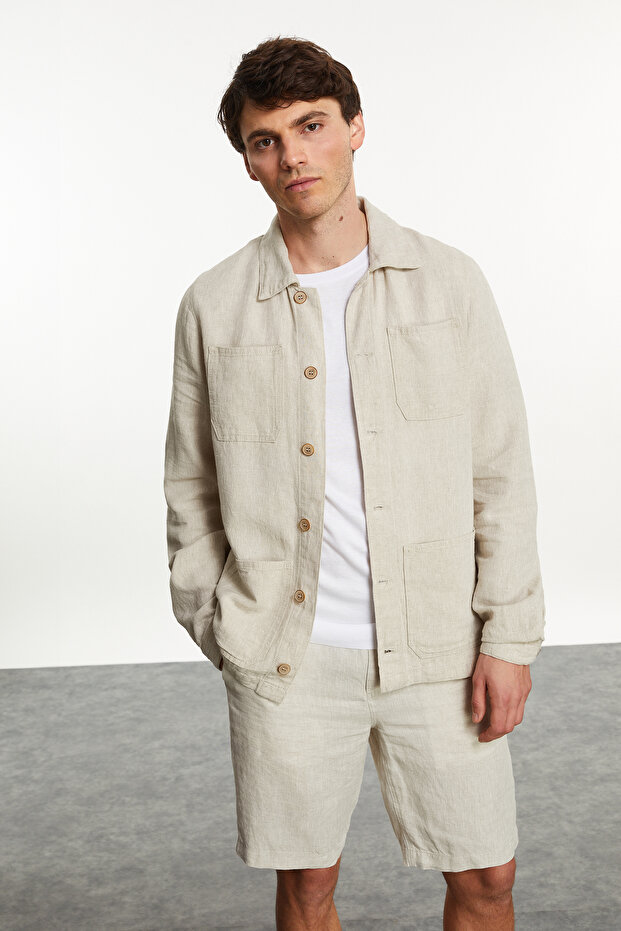 Men's Beige Color Tie-Dye Linen Shorts