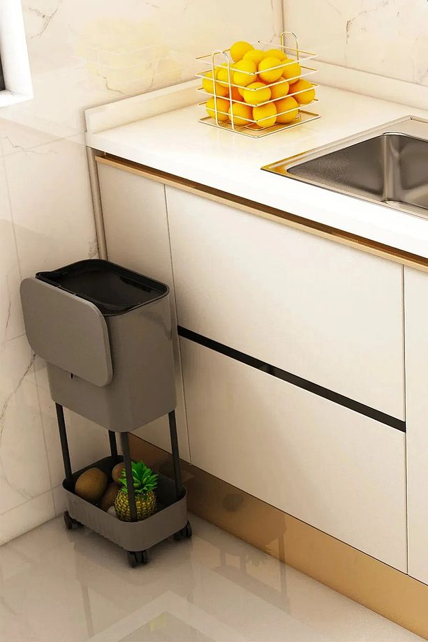 Tek Raf Üniteli Tekerlekli Çöp Kovası Fonksiyonel Kapaklı Banyo Mutfak Çöp Kutusu - 3