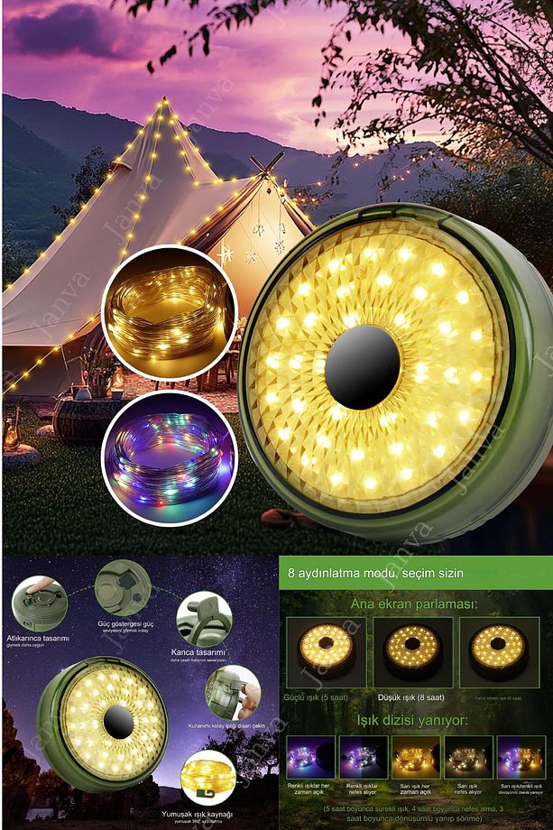 Şarjlı 8x80 Led Kamp Lambası Işıldak Fener Dekor Lambası Yıl Başı Süsü Perde Peri Şerit Led Makaralı - 1