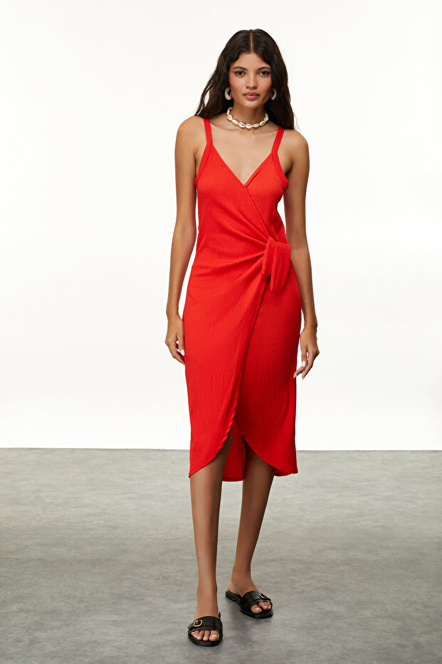 Women's Red Double Breasted Strappy Midi Dress