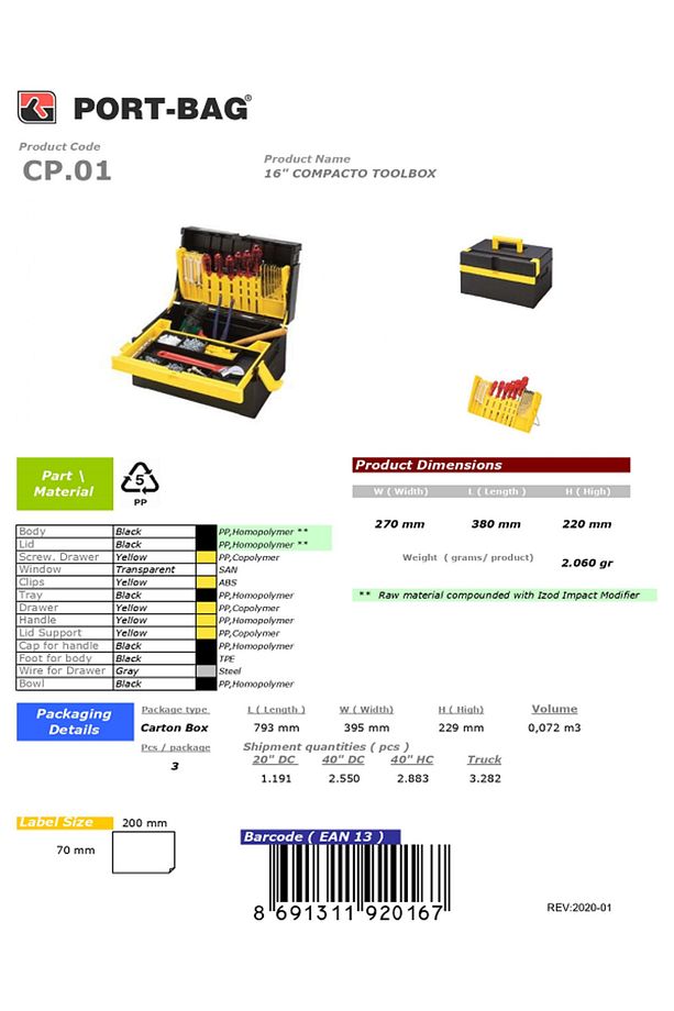 TAKIM ÇANTASI ÇOK KULLNIŞLI ALET EDEVAT KOYMALI METRELİ 270x380x220 C.P.01 16 PORT-BAG COMPACTO - 5
