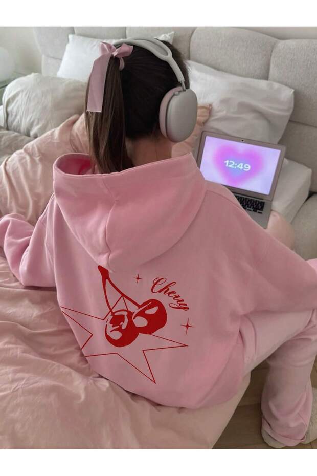 Cherry Star Sweatshirt - Pink Printed Oversize Hooded Hoodie