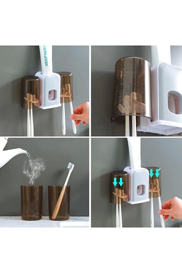 Duvara Monte ( Yapışkanlı)  2'li Diş Fırçası ve Diş Macunu Sıkacağı - 4