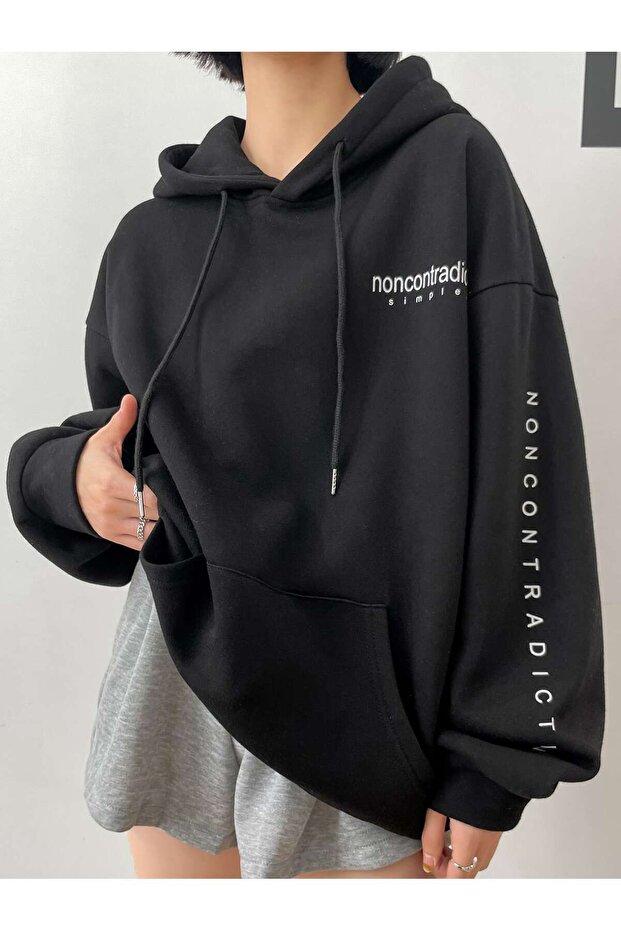 Non Contradiction Sweatshirt - Black Printed Oversize Hoodie
