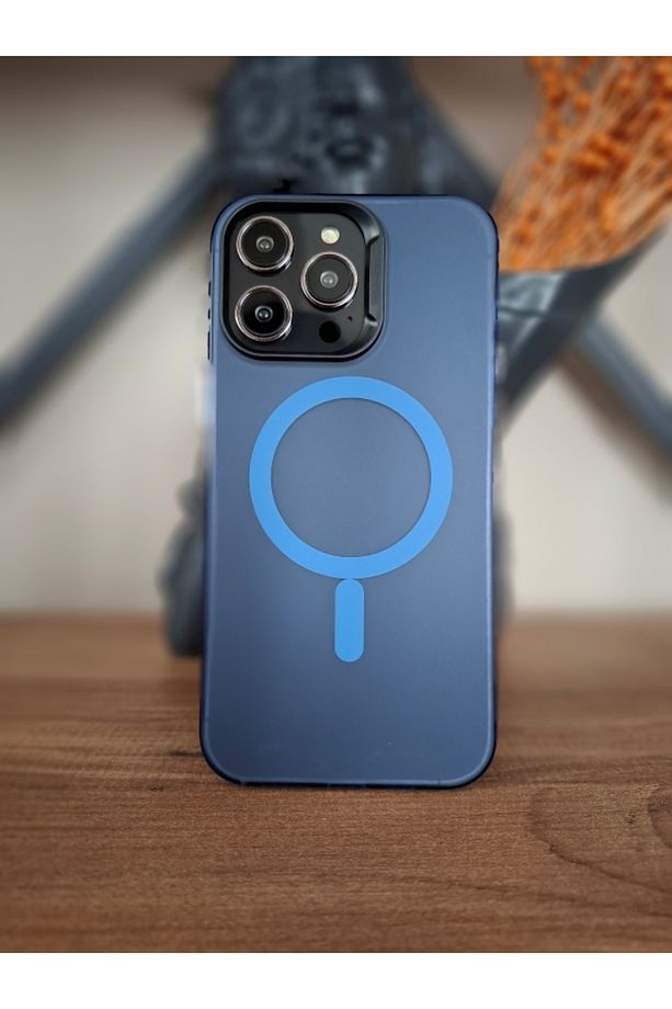 TrendyTech iPhone 14 Pro Max Magsafe Manyetik Şarj Özellikli Arkası Buzlu Transparan Mavi Kılıf - 1