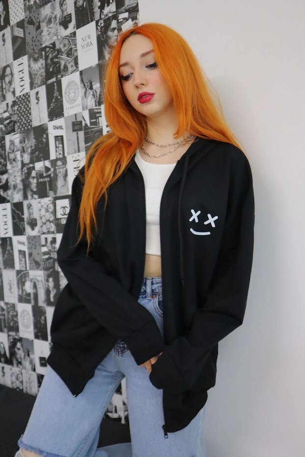 X X Face Cardigan - Black Printed Winter Oversize Hooded Zipper Pocket Detailed Cardigan