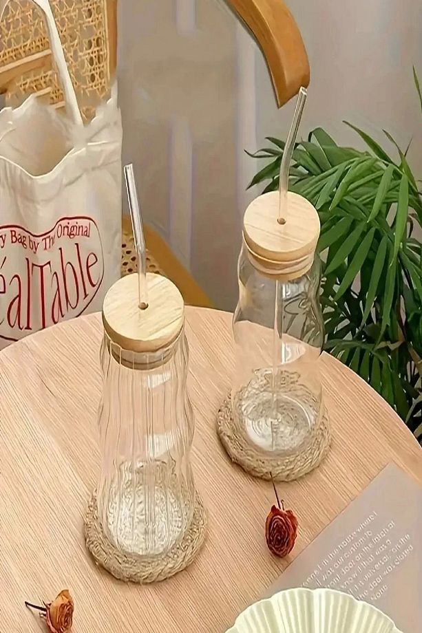 4'lü Sukabağı Latte İskandinav  Bambu Kapaklı Cam Pipetli Bardak Kahve Kokteyl Sunum Bardağı 400ml - 2