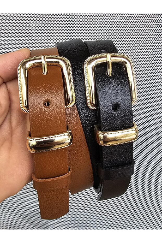 100% Genuine Leather Gold Buckle Women's Black-Tan Set of 2 Belts