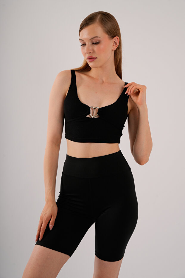 Women's Black Crop Strap Bustier Blouse with Heart Detail on the Front and Removable Pads