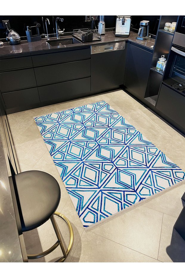 Paris Collection Blue and Cream Themed Mixed Geometric Shapes Patterned Modern Decorative Carpet 154