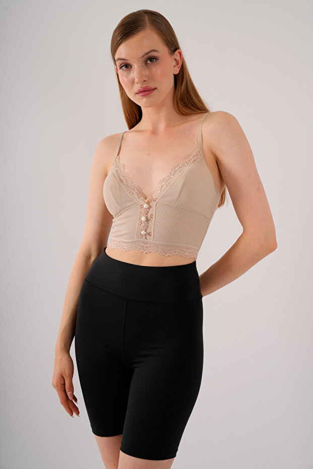 Women's Cream Crop Strap Button Detailed Lace Bustier Blouse with Removable Pads
