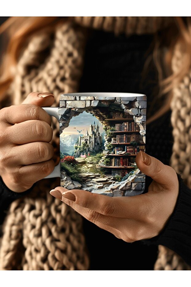 كوب سيراميك بتصميم ثلاثي الأبعاد مطبوع عليه مكتبة خزانة الكتب - كوب هدية