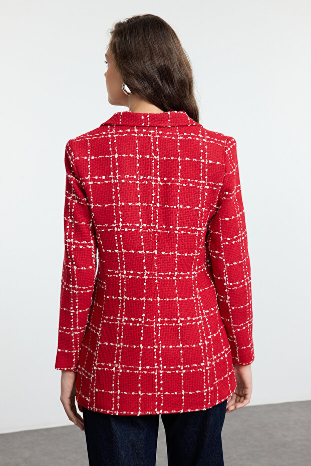 Kırmızı Oversize Dokuma Ekose Blazer Ceket TWOAW21CE0105 - 5