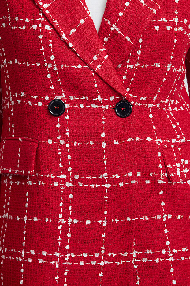 Kırmızı Oversize Dokuma Ekose Blazer Ceket TWOAW21CE0105 - 4