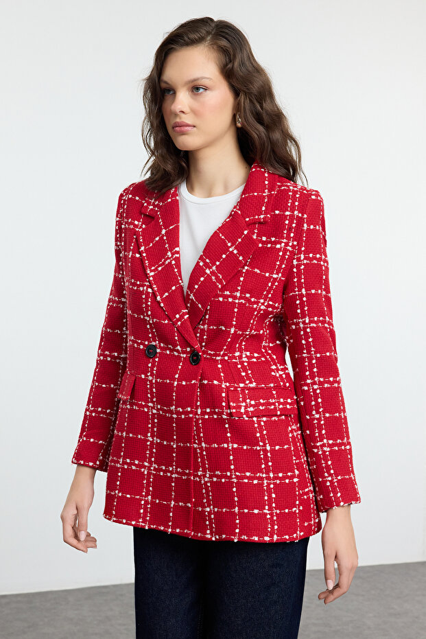 Kırmızı Oversize Dokuma Ekose Blazer Ceket TWOAW21CE0105 - 2