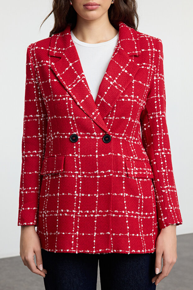 Kırmızı Oversize Dokuma Ekose Blazer Ceket TWOAW21CE0105 - 3