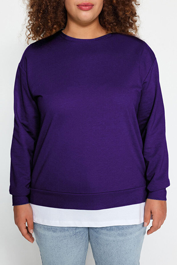 Mor Alttan T-Shirt Çıkma Görünümlü İnce Örme Büyük Beden Sweatshirt TBBAW23AO00023 - 2