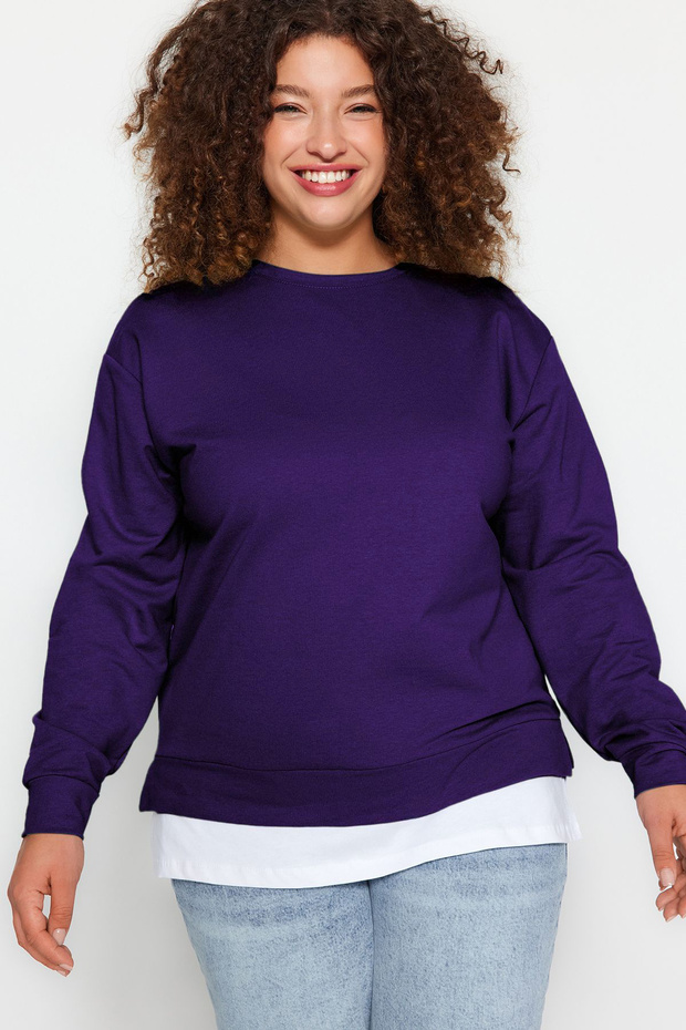Mor Alttan T-Shirt Çıkma Görünümlü İnce Örme Büyük Beden Sweatshirt TBBAW23AO00023 - 4