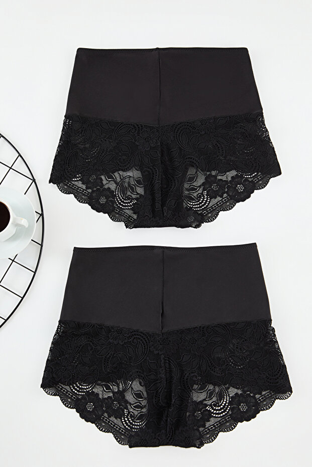 Siyah 2'li Paket Yüksek Bel Dantelli Yumuşak Örme Esnek Klasik Büyük Beden Külot TBBAW25CM00006 - 5