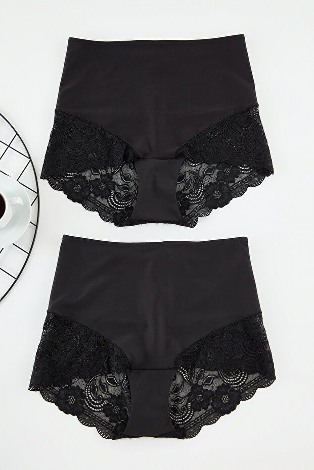 Siyah 2'li Paket Yüksek Bel Dantelli Yumuşak Örme Esnek Klasik Büyük Beden Külot TBBAW25CM00006 - 3