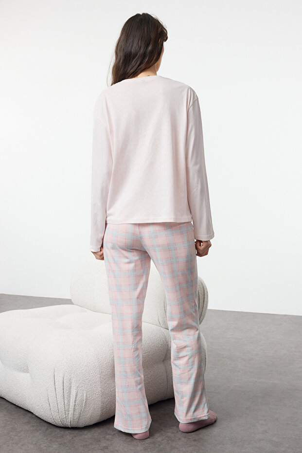 Pembe-Çok Renkli %100 Pamuklu Ekoseli Uyku Bantlı Örme Pijama Takımı THMAW25PT00181 - 5