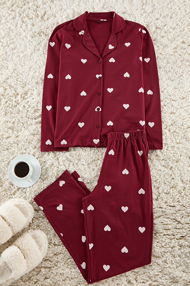 Bordo %100 Pamuklu Kalp Desenli Örme Pijama Takımı THMAW21PT0548 - 6
