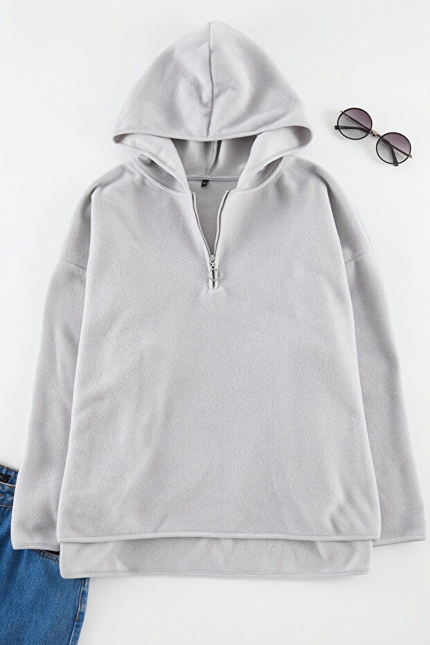 Gri Kalın Polar Kapüşonlu ve Fermuarlı Oversize/Bol Kesim Örme Büyük Beden Sweatshirt TBBAW25AO00030 - 9