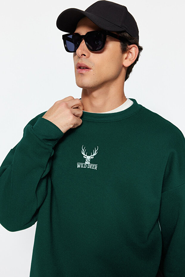 Yeşil Oversize/Geniş Kesim Bisiklet Yaka Uzun Kol Hayvan Nakışlı Sweatshirt TMNAW24SW00169 - 2
