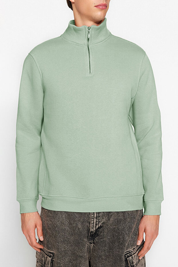 Mint Regular/Normal Kesim Dik Yaka Fermuarlı Pamuklu Basic İçi Polarlı Sweatshirt TMNAW24SW00041 - 4