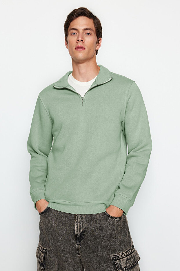 Mint Regular/Normal Kesim Dik Yaka Fermuarlı Pamuklu Basic İçi Polarlı Sweatshirt TMNAW24SW00041 - 1