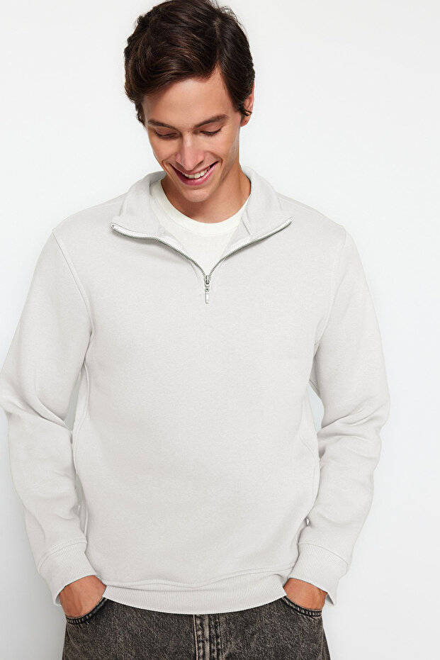 Ekru Regular/Normal Kesim Dik Yaka Fermuarlı İçi Polar/Sıcak Tutan Basic Sweatshirt TMNAW24SW00041 - 3