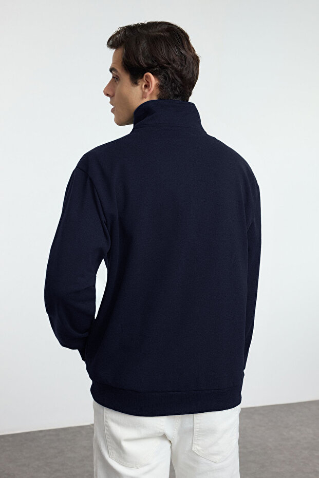 Lacivert Oversize/Geniş Kesim Dik Yaka Fermuarlı Etiketli İçi Polarlı Sweatshirt TMNAW25SW00168 - 4