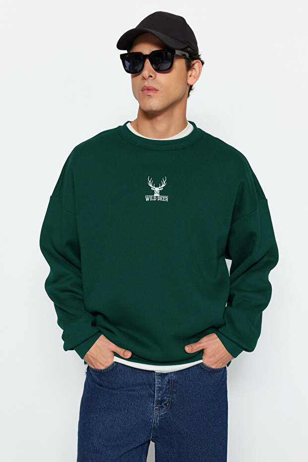 Yeşil Oversize/Geniş Kesim Bisiklet Yaka Uzun Kol Hayvan Nakışlı Sweatshirt TMNAW24SW00169 - 3