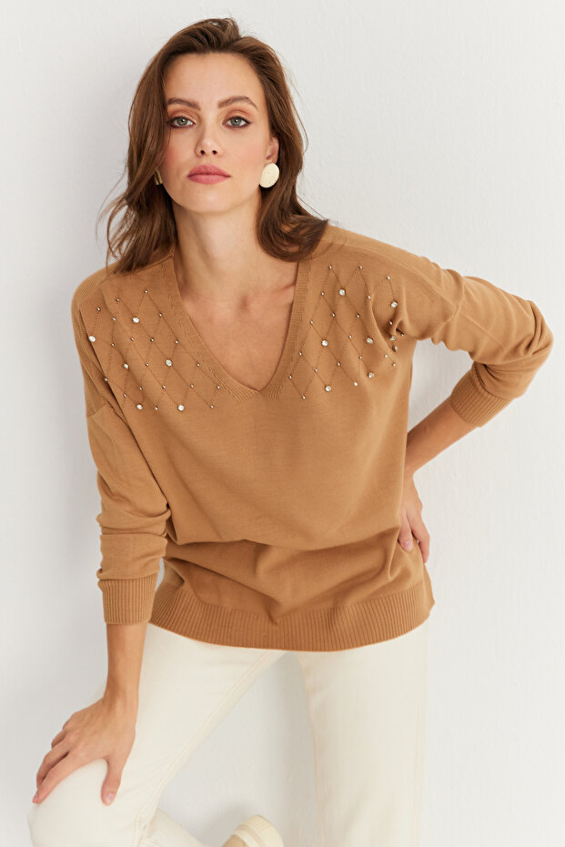 Women's Mink V Neck Rhinestone Slim Knitwear Blouse Yi̇l002