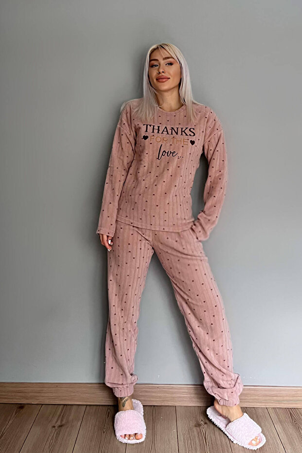 Kahve Thanks Desenli Peluş Polar Pijama Takımı - 6