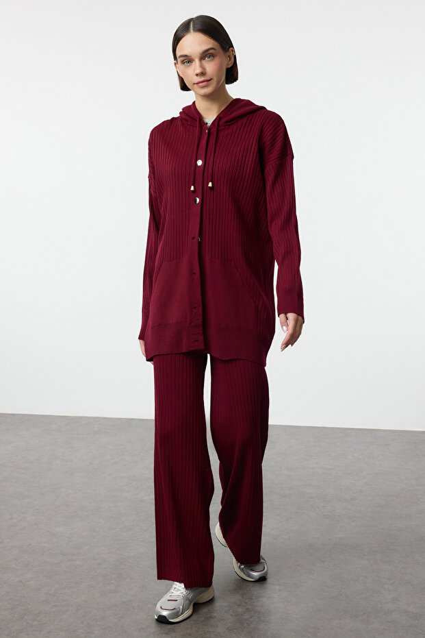 Bordo Kapüşonlu Oversize Triko Alt-Üst Takım TCTAW25US00022 - 1