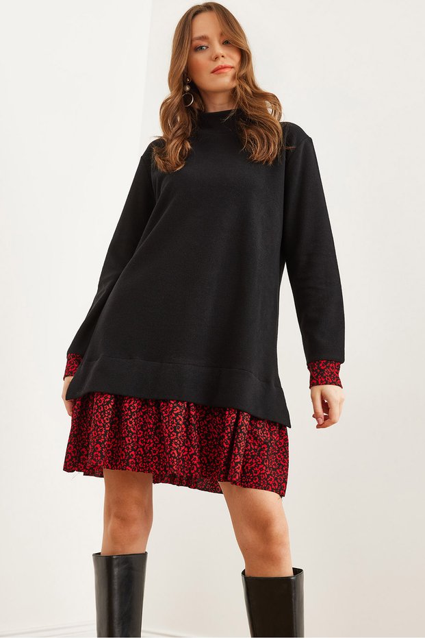 Women's Black Red Floral Embellished Thessaloniki Dress Elb-19000965