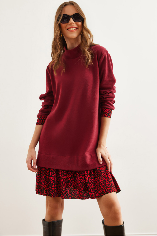 Women's Burgundy Red Paneled Brioche Knit Dress ELB-19000965