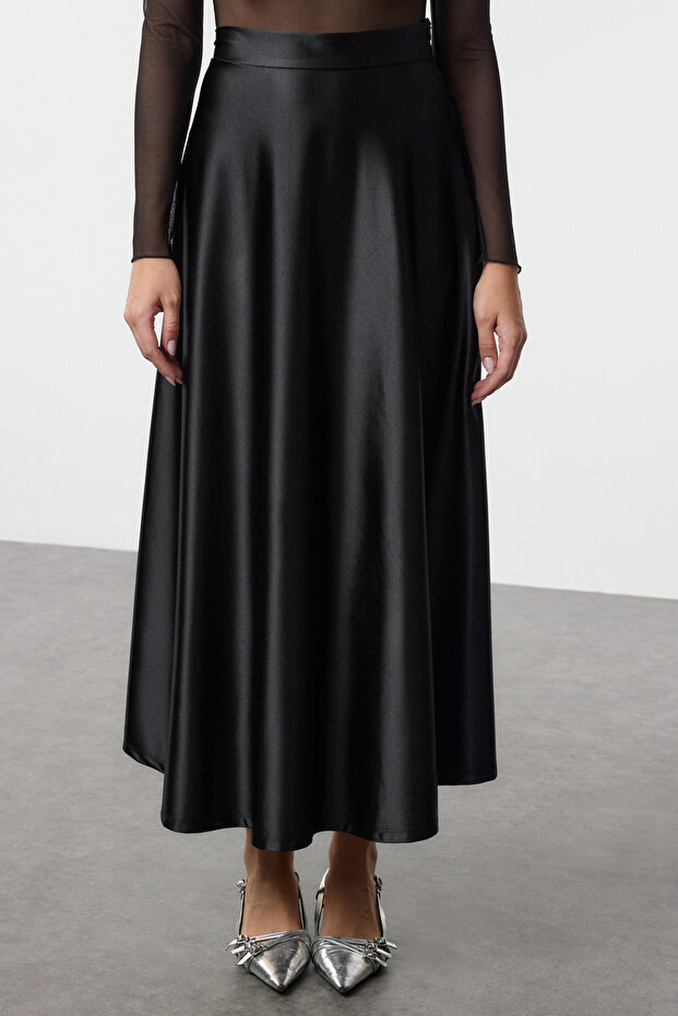 Siyah A Line/Çan Form Maxi Saten Örme Etek TWOAW25ET00111 - 4