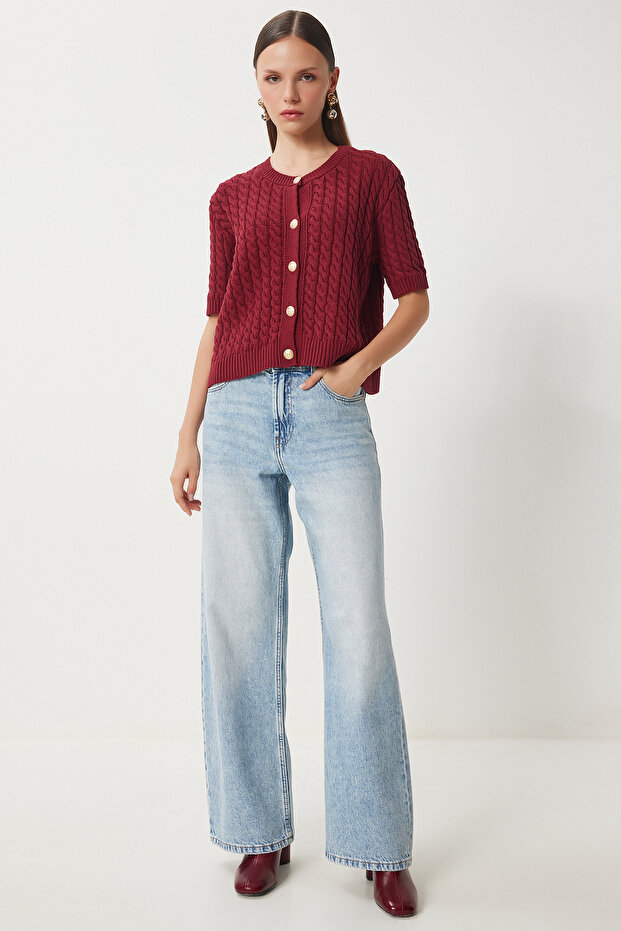 Women's Burgundy Crew Neck Hair Braided Knitwear Cardigan Us00946 - 5