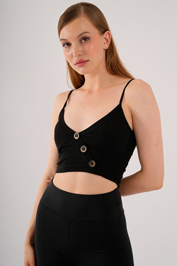 Women's Black Crop Side Button Detailed Strappy Bustier Blouse with Removable Pads