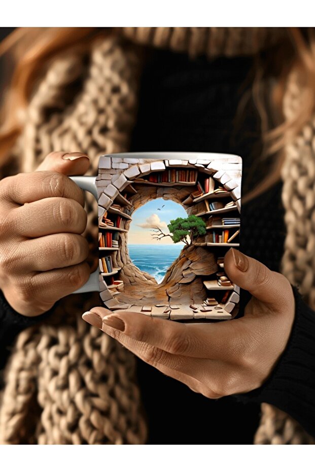 كوب سيراميك بتصميم ثلاثي الأبعاد مطبوع عليه مكتبة خزانة الكتب - كوب هدية