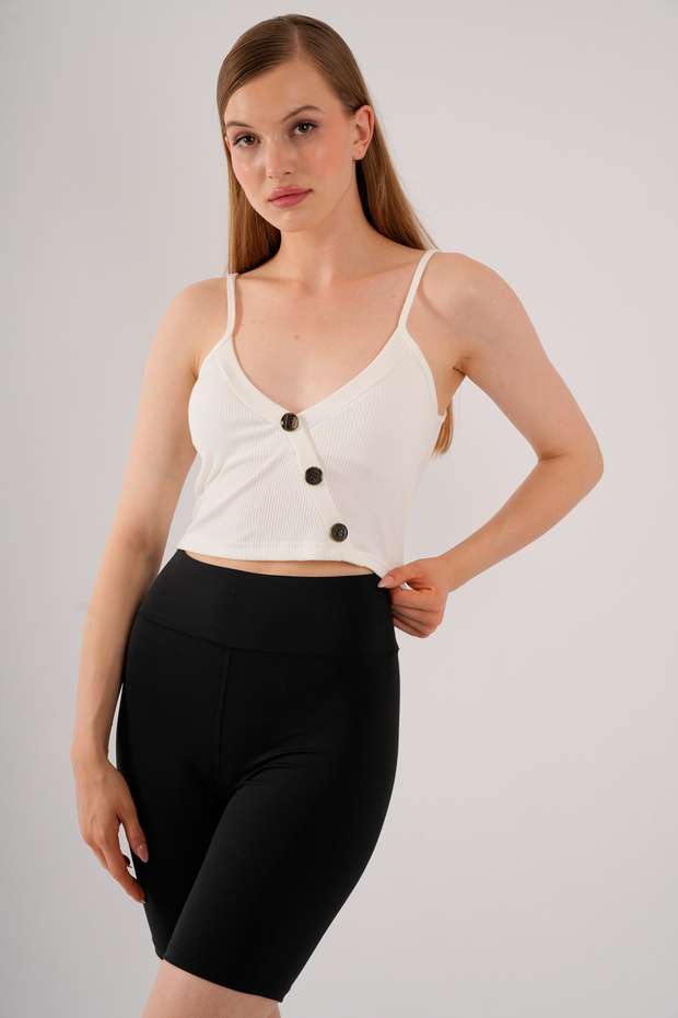 Women's White Crop Side Button Detailed Strappy Bustier Blouse with Removable Pads