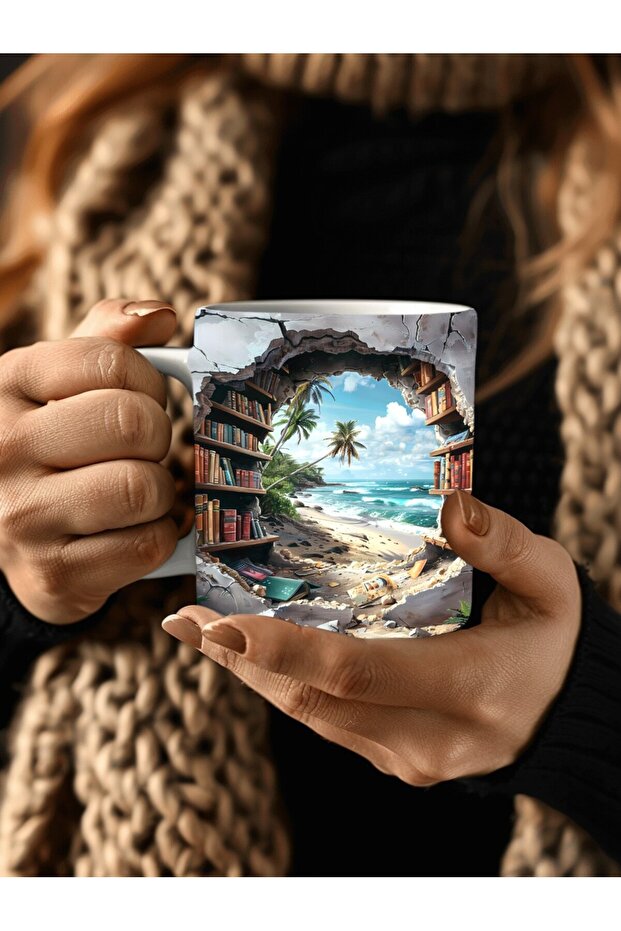 كوب سيراميك بتصميم ثلاثي الأبعاد مطبوع عليه مكتبة خزانة الكتب - كوب هدية