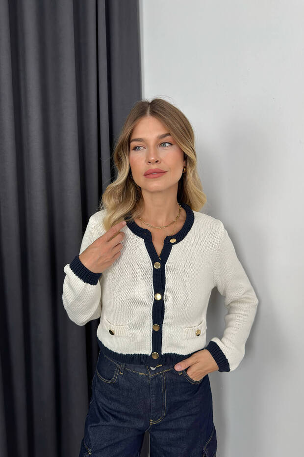 Ecru Navy Blue Gold Buttoned Knitwear Cardigan