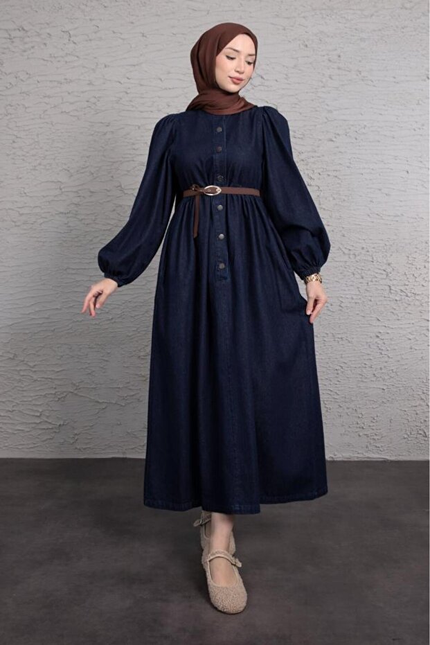 Metallic Buttons Crew Neck Jean Hijab Dress Navy