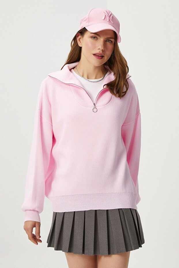 Kadın Bruno Basic Fermuarlı Pembe Kazak - 2