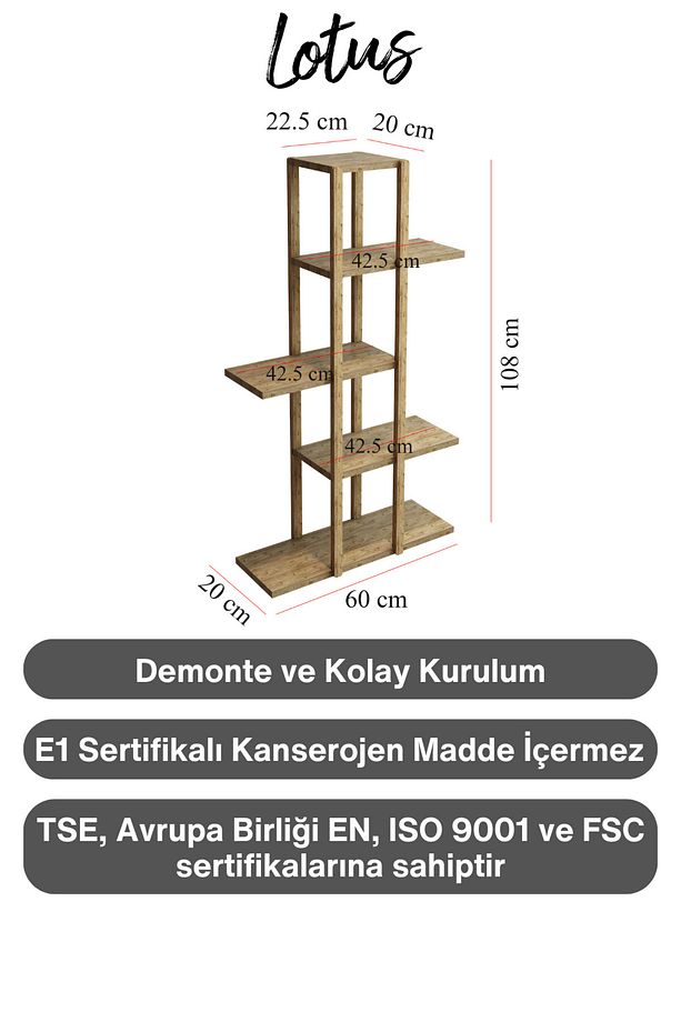 Lotus Atlantik Çam Ahşap 5 Katlı Çiçeklik, Saksılık, Çiçek Standı, Dekoratif Raf-çok Amaçlı Kullanım - 8