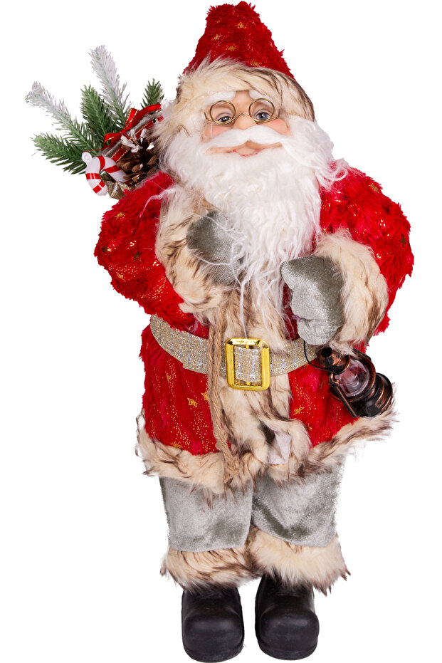New Year's Santa Claus with Gold Gift Sack, Green Trousers, Lantern, Red-Green - 45 cm
