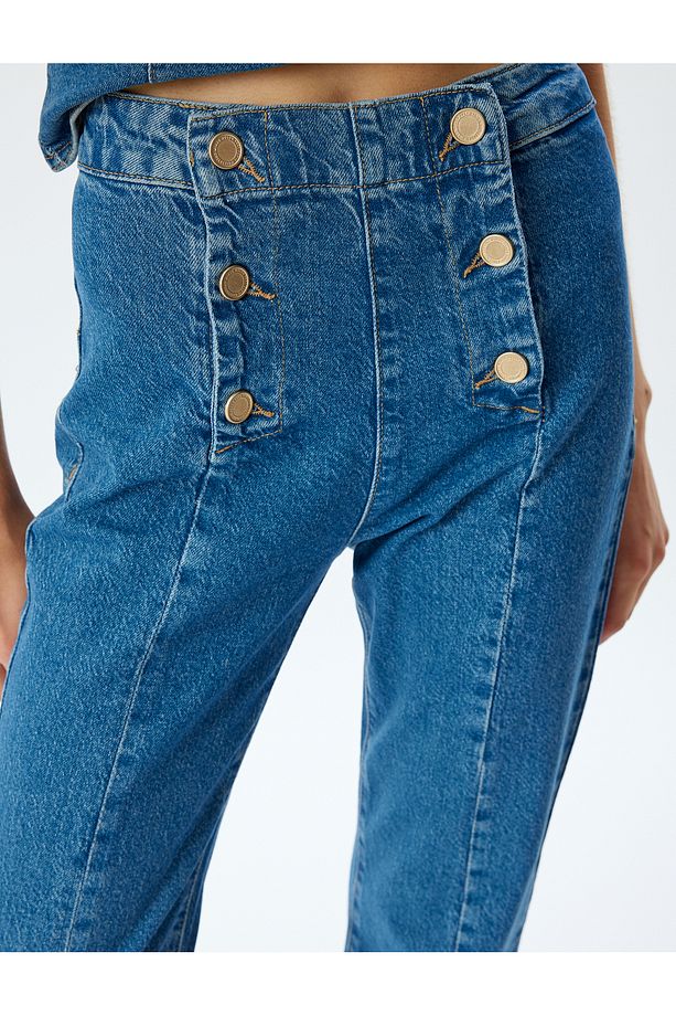 Yüksek Bel Ispanyol Paça Düğme Detaylı Slim Kot Pantolon - 5